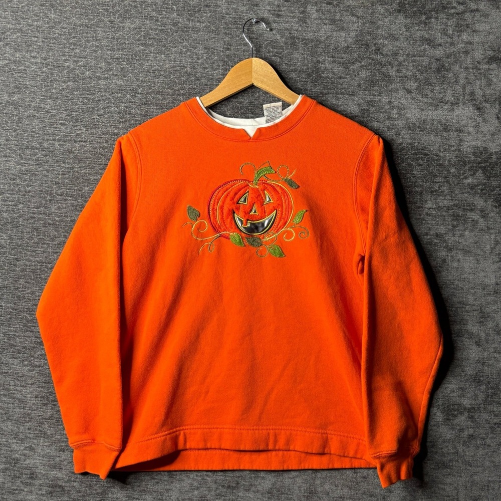 Vintage White Stag Womens Orange Pumpkin Embroidered Sweatshirt Small Halloween